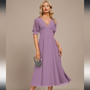 Dusky Lavender Size 8 A-line V-neck Tea-length Chiffon Evening Bridesmaids Dress